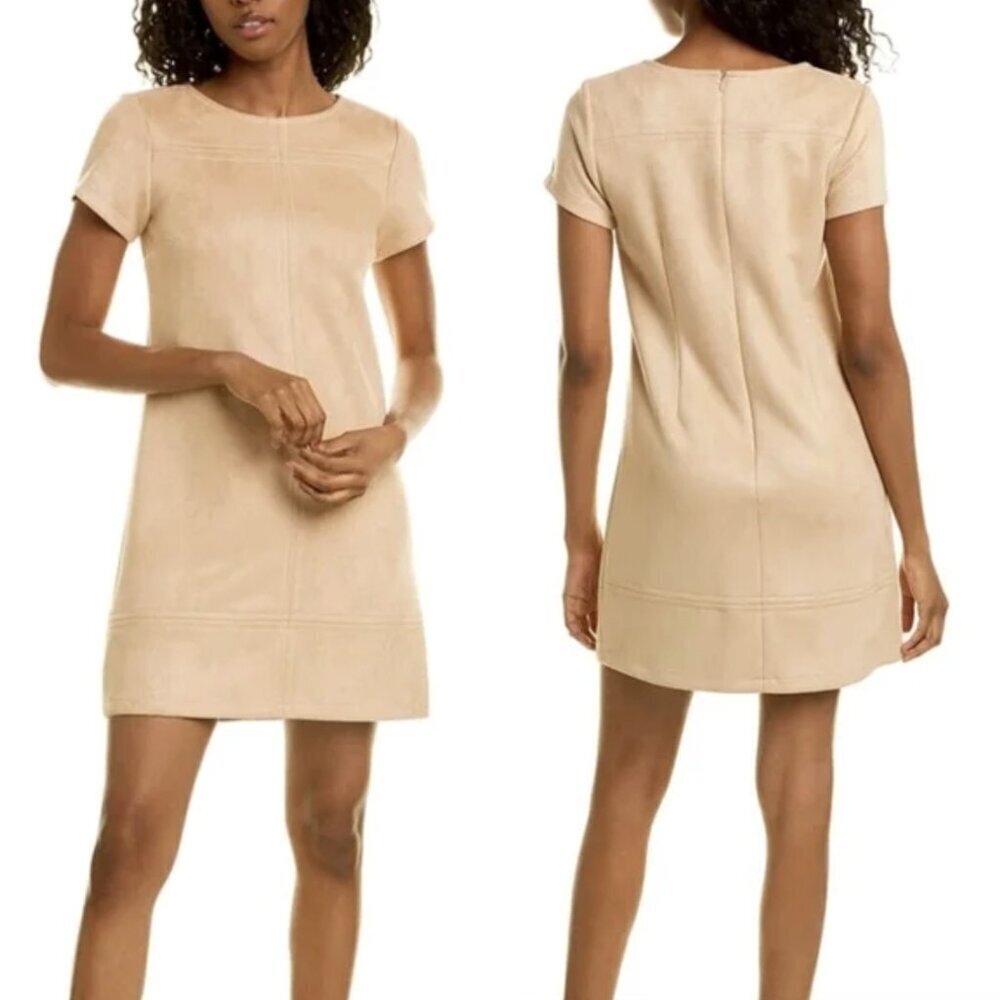 Jude Connally Kayla Faux Suede Mini Shift Short Sleeve Dress Tan Brown, Medium